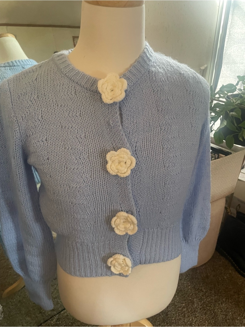 Light Blue Crewneck Knit Cardigan with Cream Flower Buttons